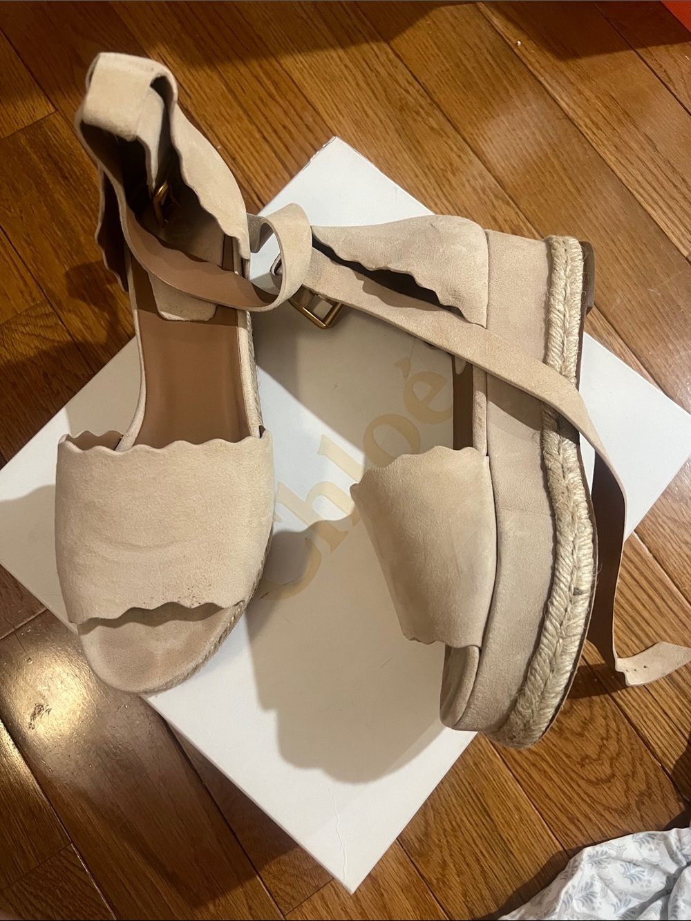 Chloe Scalloped Espadrille Wedge Sandals - Beige